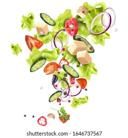 Mix of fresh salad from different vegetables salad leaves, pepper, tomato, onion, cheese, cucumber, spices. Vector illustration isolated on white background.