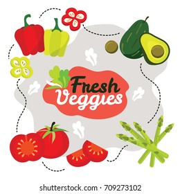 Mix fresh vegetables including bell pepper avocado asparagus and tomato in cute flat style vector