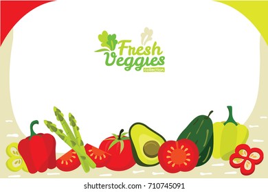 Mix of fresh vegetables including bell peppers tomatoes avocado and asparagus on white background and bright color border