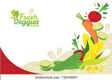 Mix of fresh vegetables including carrot cucumber corn and radish on white background and bright color border