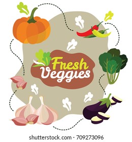 Mix fresh vegetables including pumpkin garlic eggplant spinach and chili in cute flat style vector