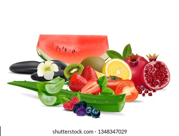 Mix fruit isolated on white, vector and illustration.