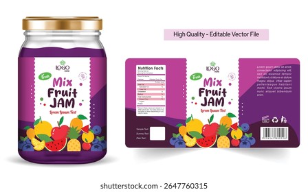 Mix fruit jam label design, Product label design template, food label editable vector file print ready, jar label packaging design, mockup design illustration