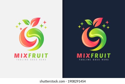 Mix Fruit Logo Design. Abstract Orange and Green Fruit and Leaf Combination. Vector Logo Design Illustration.