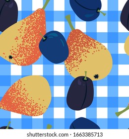 mix fruit seamless pattern with yellow-orange pears and plums on a light tablecloth. Modern abstract design for paper, cover, fabric, interior decor