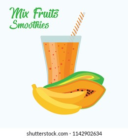 mix fruit smoothie in plastic cup with papaya and banana fruit, vector illustration