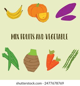 Mix fruit and vegetable topical food vector cartoon