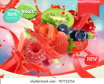 Mix fruits and berries. Splash of juice. Strawberry, raspberry, blueberry, watermelon. 3d realistic vector, package design