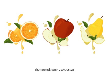 Mix of fruits with green leaves and juicy splashes. Vector illustration set isolated on white background.