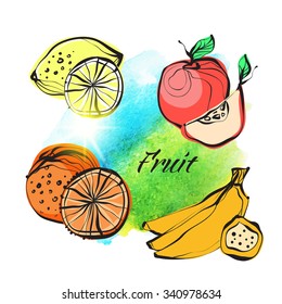 Mix of fruits on a watercolor background. Vector hand drawn illustration
