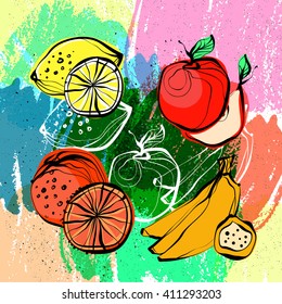 Mix of fruits on a watercolor background. Vector hand drawn illustration EPS10