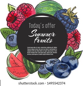 Mix fruits. Set of vector sketch illustration of fruits. Vector banner with place for text. Hand drawn sketch graphic design