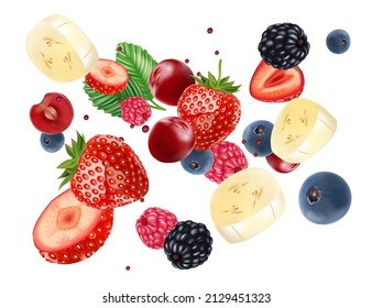 Mix fruits Splashing of Tropical fruits isolated on white background. Vector in 3D illustrations.