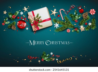 Mix gift box, pine tree branches and holiday decor on dark blue background. Holiday winter design elements. Christmas card with festive decorations for invitations or congratulations