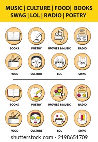 Mix icon Set of books, poetry, music, radio, culture, lol and swag, simplified vector icons. desi icons.  