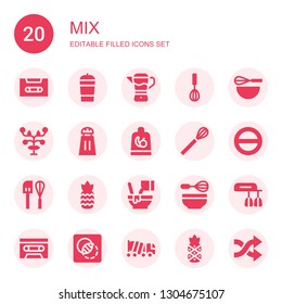 mix icon set. Collection of 20 filled mix icons included Cassette, Protein shake, Mixer, Beater, Fruits, Salt, Fruit, Whisk, Pineapple, Mixed, Photoshop mix, Concrete, Shuffle