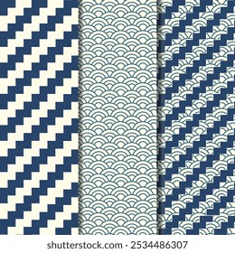 A mix of Indonesian and Japanese batik design with blue color and three variations of batik shapes. Suitable for book covers, banners, and backgrounds for events and decorations.