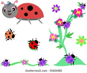 Mix of Ladybugs and Plants Vector