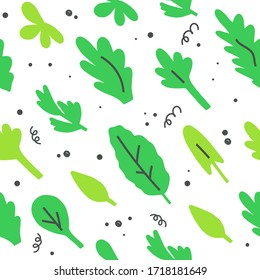 Mix of leafy green vegetables texture. Arugula, spinach, mache, rucola, kale, sorrel. Seamless pattern. Vector illustration.