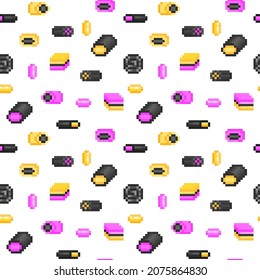 Mix of licorice candy on white, pixel art seamless pattern. Assorted chewy sweets background. 8 bit wrapping paper, textile, interior fabric design. Confectionery store package print. Salmiak treats.