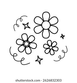 A mix of line art flowers and confetti, representing joy and celebration decor. Line Art Style Icon Illustration