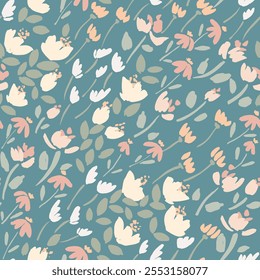 A mix of little solid flowers diagonally swaying in the wind in subtle palette of pink, green, white and yellow over teal background. A seamless vector pattern. Great for home decor, fabric, wallpaper