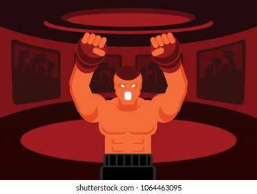 mix martial art fighter with black boxer and red glove roaring on the red ring with fans cheer up