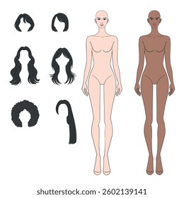 Mix and match colored skin tones fashion croquis figurines female body with different long and short hairs in vector.