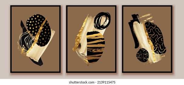 Mix Media Art Posters. Different Abstract Forms, Textures In Gold, Black, Beige, Ivory Colors. Wall Art Compositions. Chic, Elegant, Bright Design.