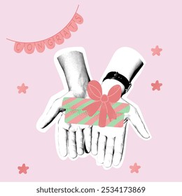 Mix media collage of halftone hands holding wrapped gift box for birthday or other celebration on pink background. Vector composition with flat textured illustrations