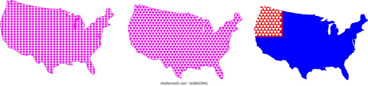 Mix mini heart in  pink and red patterns inside united state of America map