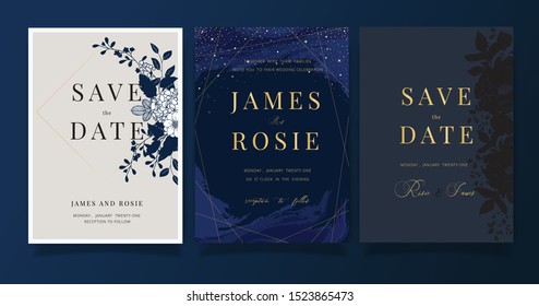 Mix Navy blue and Golden Luxury Wedding Invitation, floral invite thank you, rsvp modern card Design in little star in the dark night sky and floral  Vector elegant rustic template