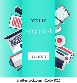 Mix of office supplies and gadgets on blue background with copy place. flat lay