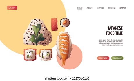 Mezcla de onigiri y variedad de sushi. Comida japonesa, comida saludable, cocina, menú, concepto de nutrición. Ilustración vectorial. Cartel, sitio web, publicidad. 