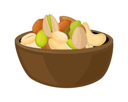 Mix Organic Nuts With Almond, Pistachio, Cashew, Peanut And Pumpkin Seeds In Wooden Bowl Isolated On White Background. Icon Vector Illustration.