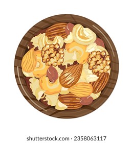 Mix organic nuts with almonds, pecans, brazil nuts, cashews, peanuts, macadamia, and sunflower seeds in a wooden bowl, a top view isolated on a white background. Icon vector illustration.