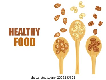 Mix organic nuts with cashews, almond nuts, and pecan nuts in a lined wooden spoon. The top view isolated on a white background icon vector illustration for the poster easy to fix