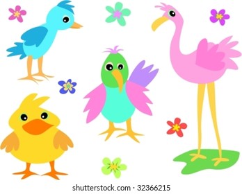 Mix Page of Colorful Birds and Flowers Vector
