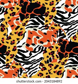 Mix Panther Spot Vector Seamless Pattern. Wild Cat Print. Colorful Art Fur Zebra Wallpaper. Abstract Tiger Modern Texture.