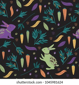 Mix pattern of rabbit, carrot, and leaves. Vintage, authentic, and ornate pattern for brand who has authentic style. Repeated pattern. Ornament graphic.