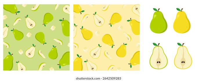 Mix pear set illustration. Yellow and green pear cartoon. Can be used for wallpaper, sticker, and fashion fabric
