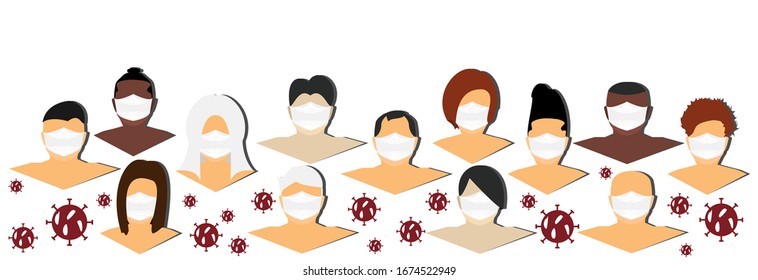 Mix of people in protective masks from different countries suffering from coronovirus, influenza. Group of coworkers wearing medical masks to prevent disease, flu, gas mask.