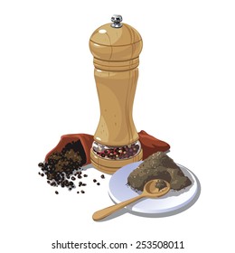 Mix of peppers and pepper mill. Hand drawn illustration. Ukraine