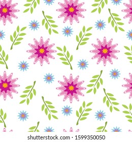 Mix of pink and blue flowers for fashion prints. Seamless plant design for background textile, wallpapers, wrapping, paper.