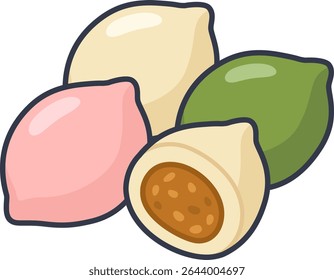 A mix of pink, white, and green Korean rice cakes with a cut-open piece showing the filling. Traditional Chuseok treat.