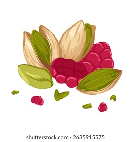 Mix of pistachio and raspberry chunks. Vector hand drawn composition with opened, crushed nuts kernel for healthy food visuals, product design, dessert branding, menu, stickers, packaging