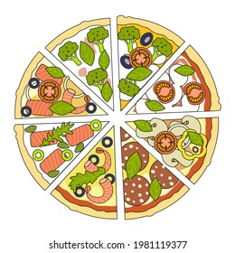 Mix pizza slices - cut assorted pizza isolated on white - top view - pepperoni, margarita, vegetable broccoli, mushroom champignon, fish salmon and seafood with shrimps, sausage salami