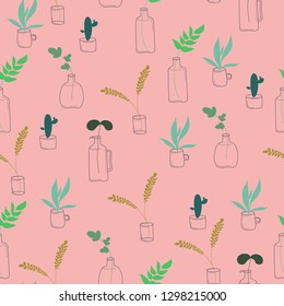 Mix plant and leaf seamless pattern. Vector illustration on pastel pink background
