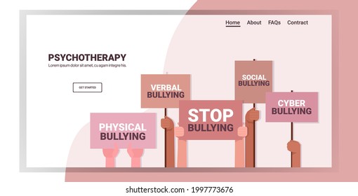 mix race activists hands holding stop bullying banners social anxiety psychotherapy concept