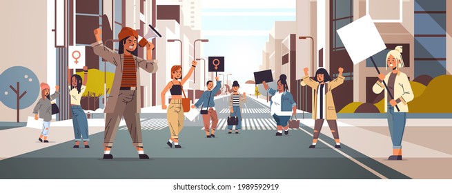 mix race activists holding placards with female gender sign feminist demonstration girl power movement rights protection women empowerment concept cityscape background horizontal full length